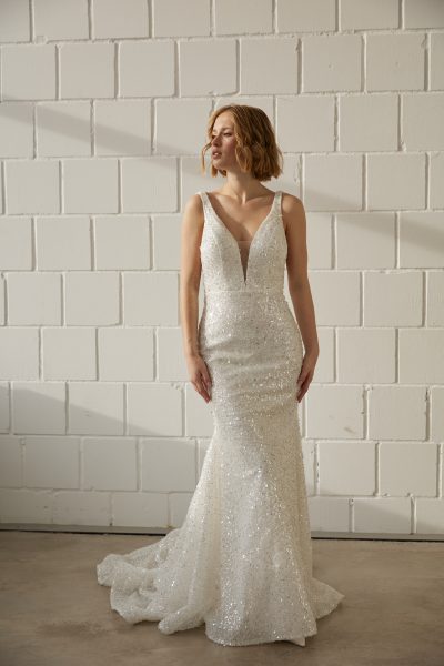 Fit and Flare Paillettenkleid mit Schleppe