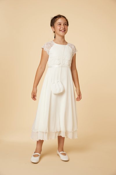 Crinkle-Chiffonkleid in 7/8 Länge mit Oberteil aus floraler Spitze