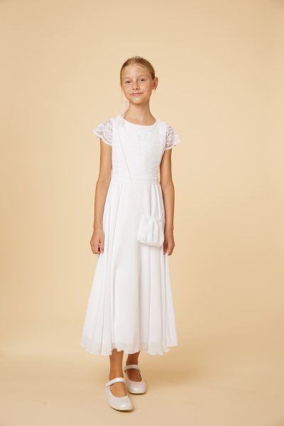 Chiffonkleid in 7/8 Länge mit Spitzenoberteil und kurzen Ärmeln